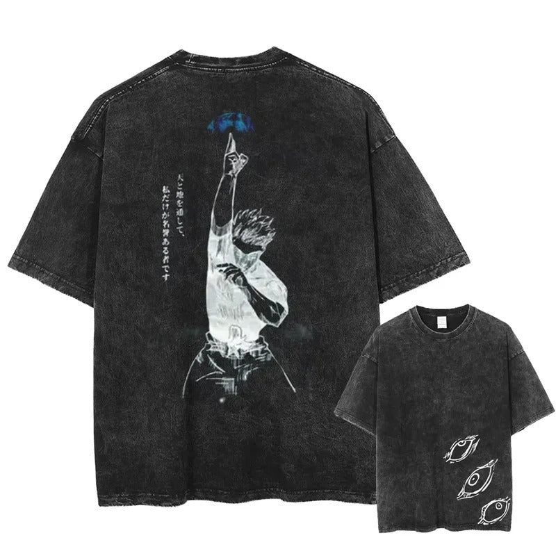 Back view of unisex vintage washed cotton anime print t-shirt in color 6, summer streetwear style at TeenStylo