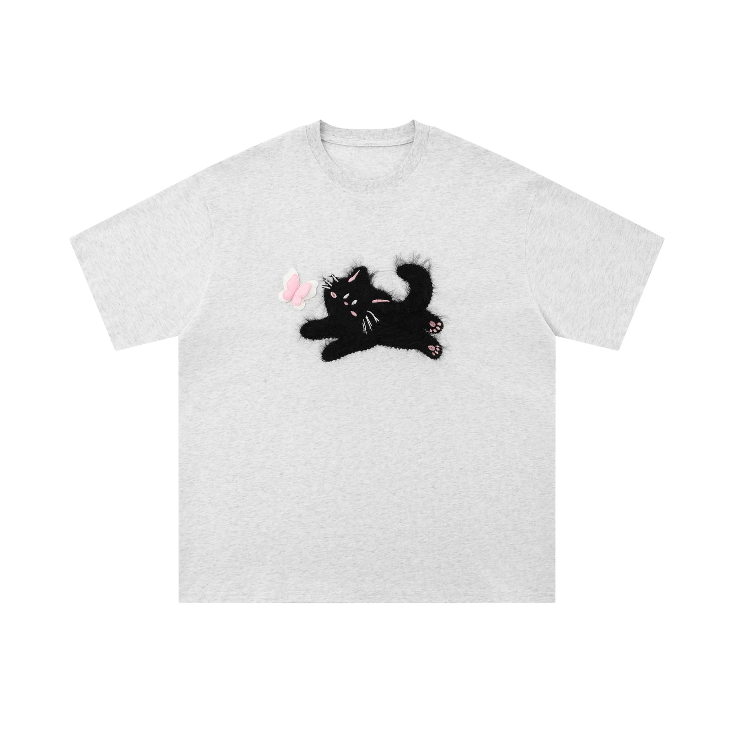 Men's light gray fuzzy 3D cat short sleeve T-shirt lifestyle shot, Y2K Harajuku BF style streetwear at TeenStylo