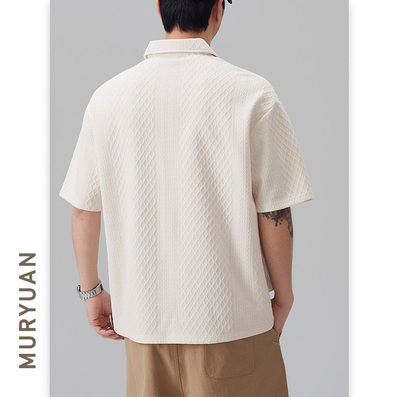 Men's apricot texture jacquard short sleeve T-shirt front view - streetwear style at TeenStylo