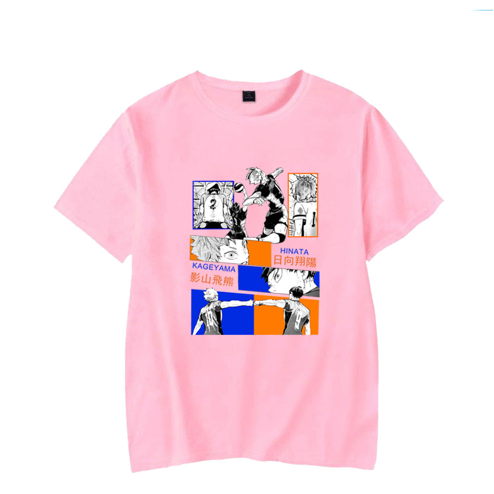 Haikyuu unisex streetwear T-shirt in pink, lifestyle shot with anime print design - TeenStylo