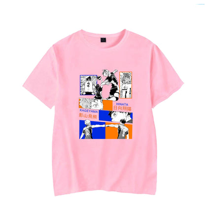 Haikyuu unisex streetwear T-shirt in pink, lifestyle shot with anime print design - TeenStylo