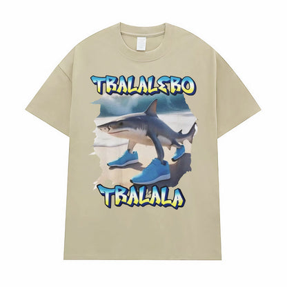 Khaki Tralalero Tralala Funny Running Shark Meme T-Shirt lifestyle look for men - TeenStylo