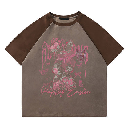 Pink unisex loose velvet short sleeve t-shirt back view, casual Y2K streetwear couple tee | TeenStylo