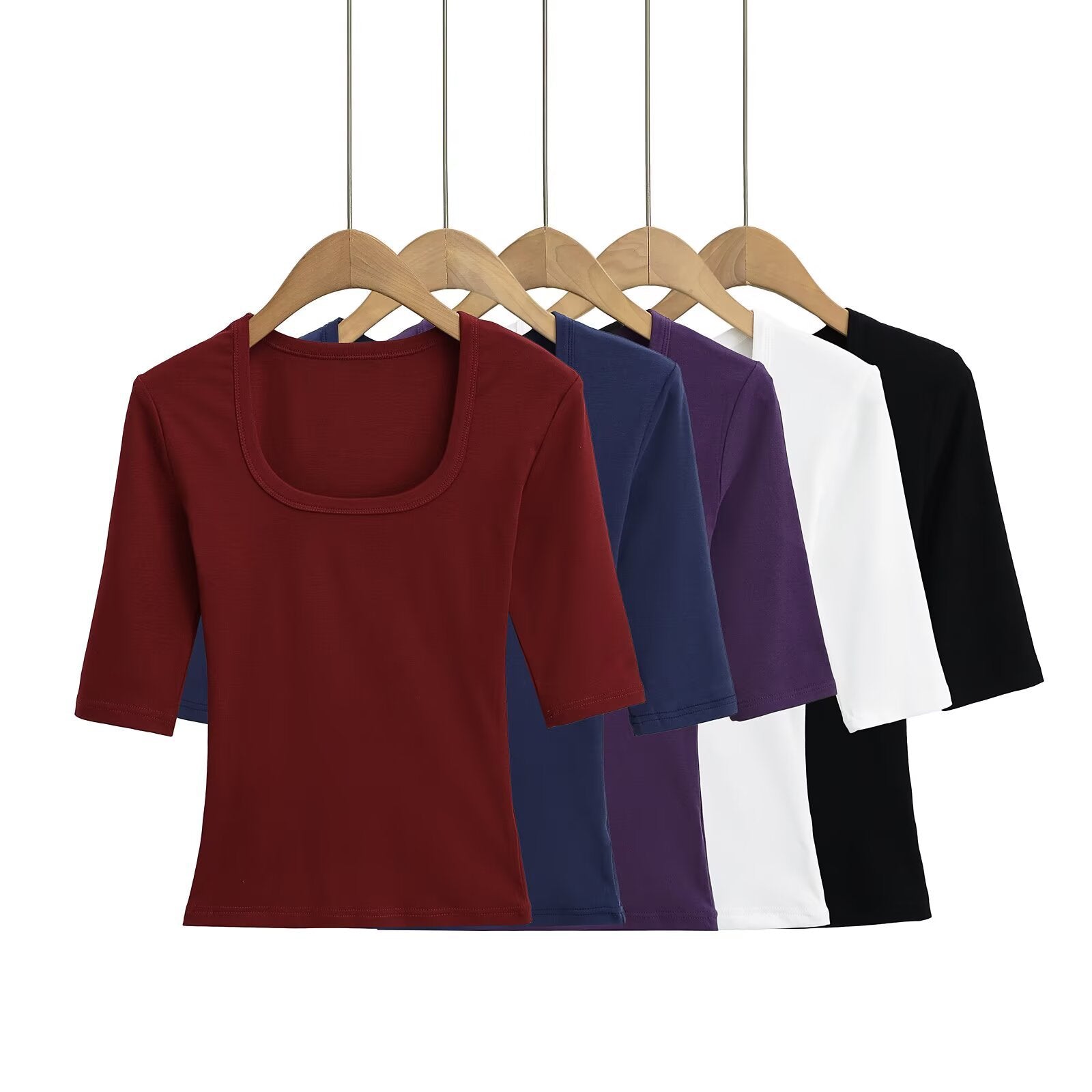 White unisex elastic fitted U-neck lockbone mid-sleeve tee shirt back view – TeenStylo