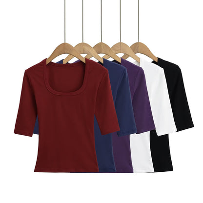 White unisex elastic fitted U-neck lockbone mid-sleeve tee shirt back view – TeenStylo