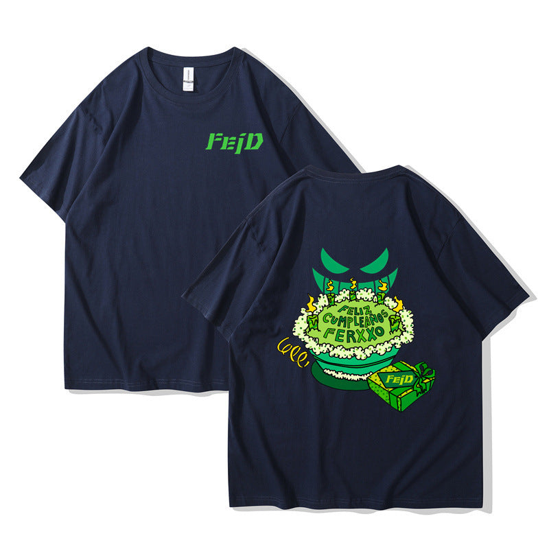 White Feliz Cumpleanos Ferxxo Tour unisex t-shirt lifestyle view, Y2K streetwear fan tee at TeenStylo