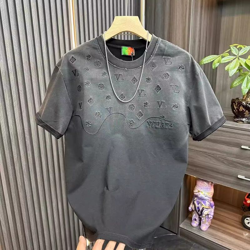Black embroidered round neck short sleeve tee back view, men's Y2K streetwear summer top - TeenStylo