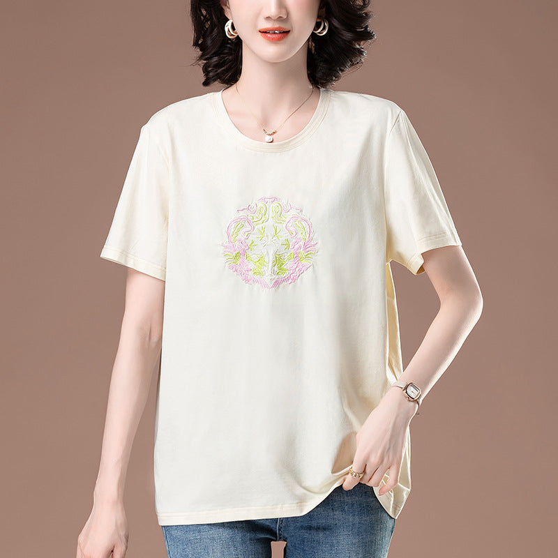 Milk beige embroidered short sleeve T-shirt back view for women, Y2K streetwear style - TeenStylo