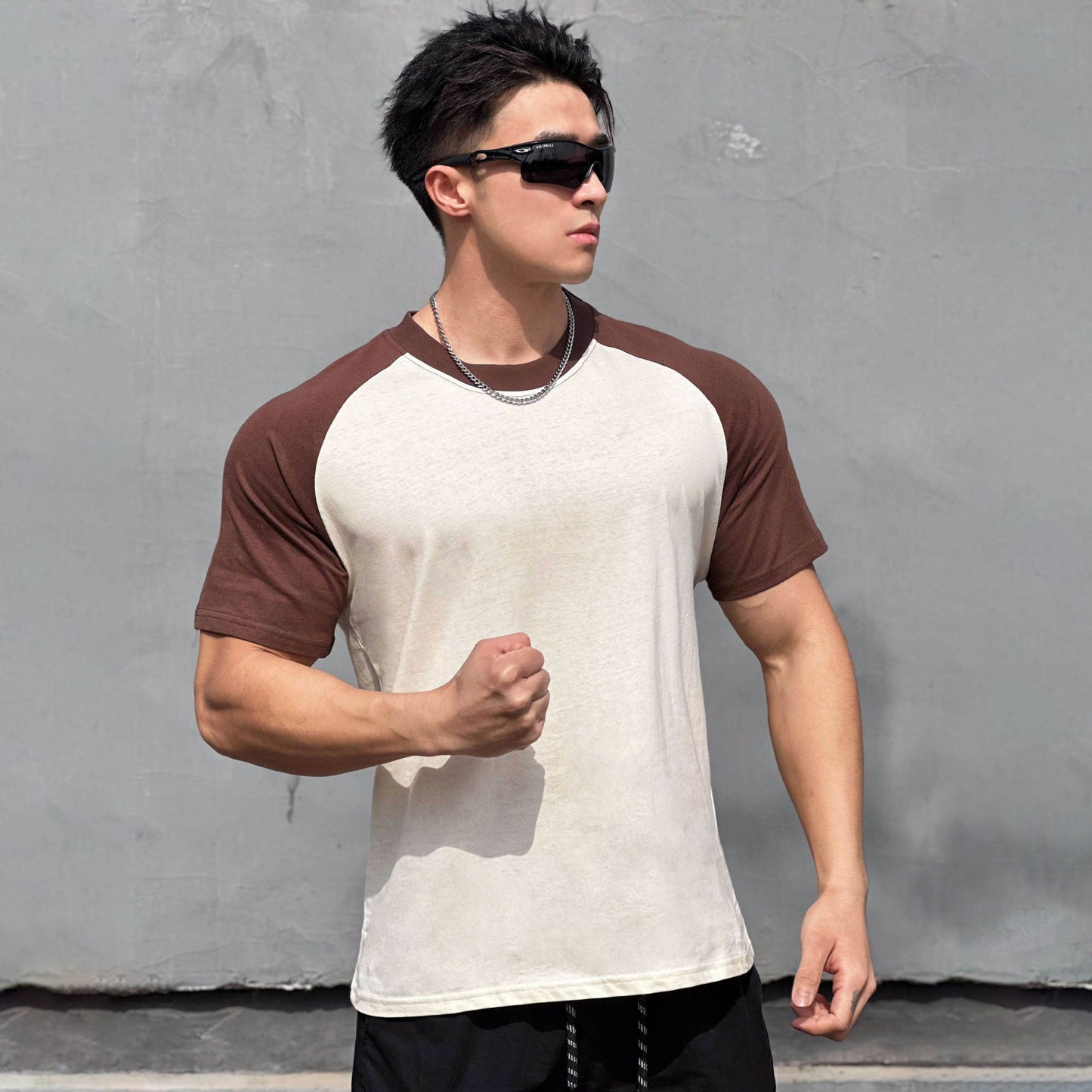 Men's off-white color-blocked raglan sleeve T-shirt lifestyle look – TeenStylo