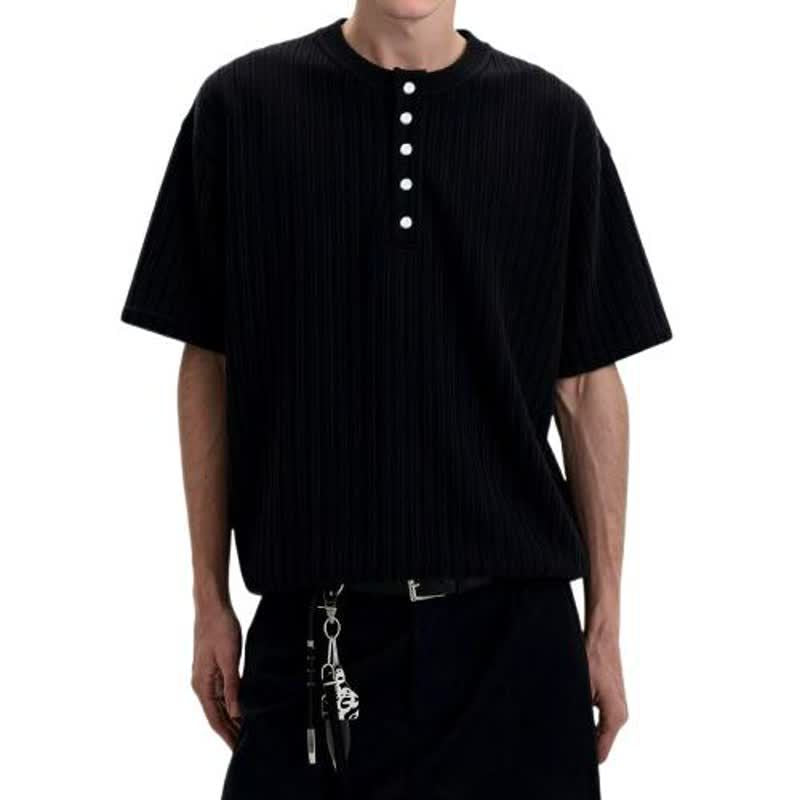 White men's retro knitted henley collar short sleeve t-shirt casual streetwear front view | TeenStylo