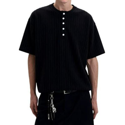 White men's retro knitted henley collar short sleeve t-shirt casual streetwear front view | TeenStylo