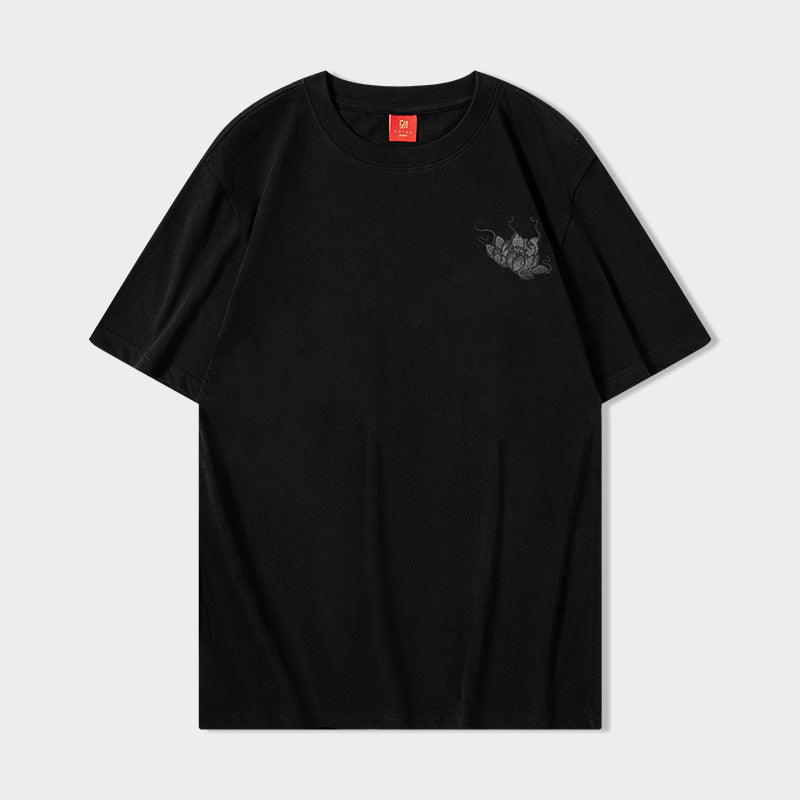 Black men's short sleeve t-shirt back view with Qilin auspicious cloud graphic print by TeenStylo