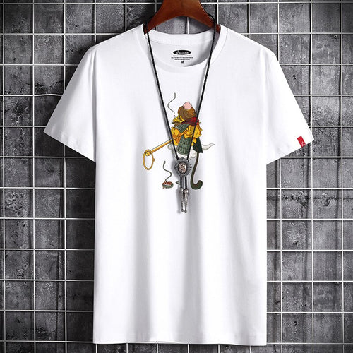Men's white anime graphic t-shirt front view, Y2K streetwear summer fashion style - TeenStylo