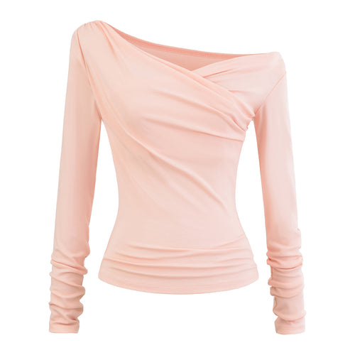 Soft mist pink diagonal collar long sleeve T-shirt women's front view unisex Y2K streetwear style | TeenStylo