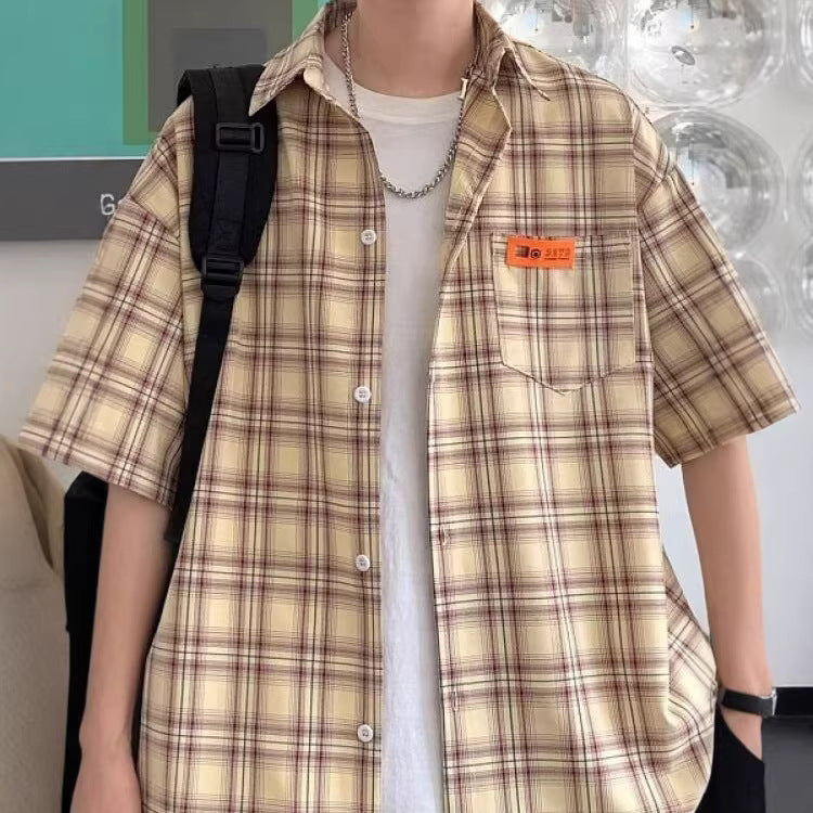Apricot checkered short sleeve shirt for men back view streetwear style TeenStylo