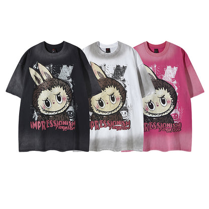 White unisex street style cartoon print round neck short sleeve tee lifestyle shot – TeenStylo