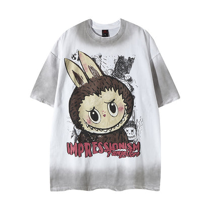 White unisex street style cartoon print round neck short sleeve tee lifestyle shot | TeenStylo