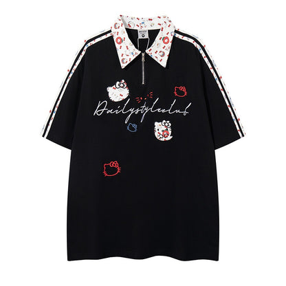 White cartoon embroidery notched collar pure cotton short sleeve shirt for men - TeenStylo