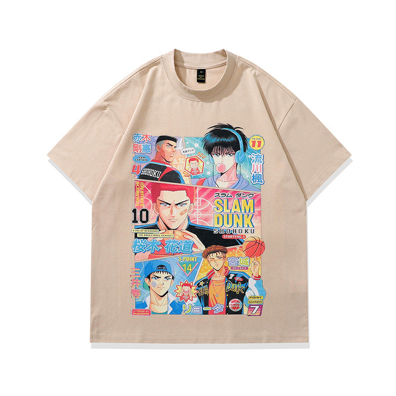 Men's sand color cartoon print loose short sleeve couple tee lifestyle shot - TeenStylo