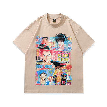 Men's sand color cartoon print loose short sleeve couple tee lifestyle shot - TeenStylo