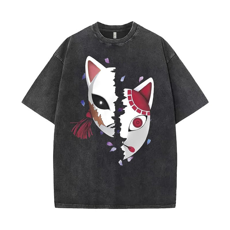 Back view of unisex anime mask print casual streetwear T-shirt in colour 3, trendy Harajuku style at TeenStylo