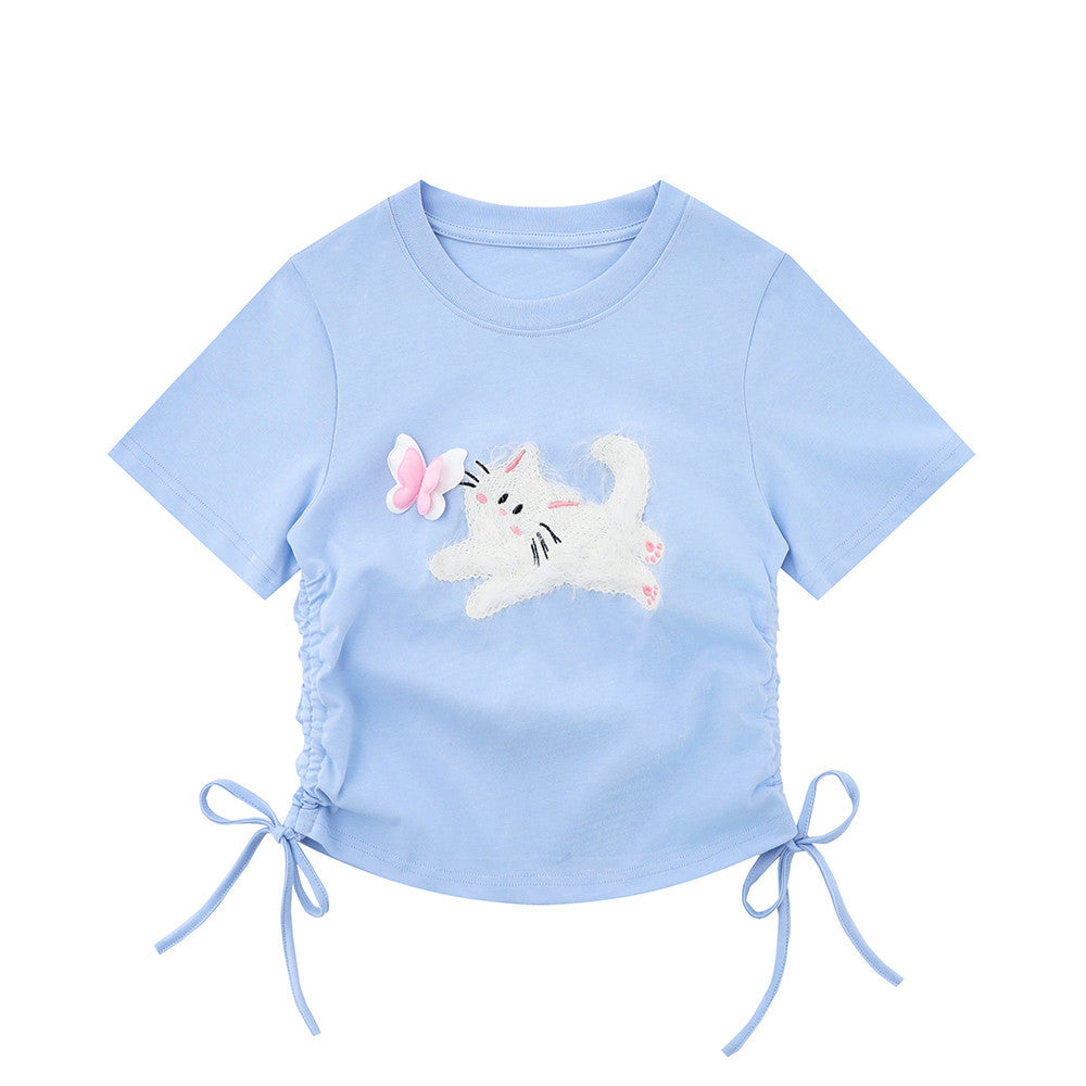 Light blue fuzzy 3D cat print short sleeve t-shirt men's Y2K streetwear lifestyle look at TeenStylo