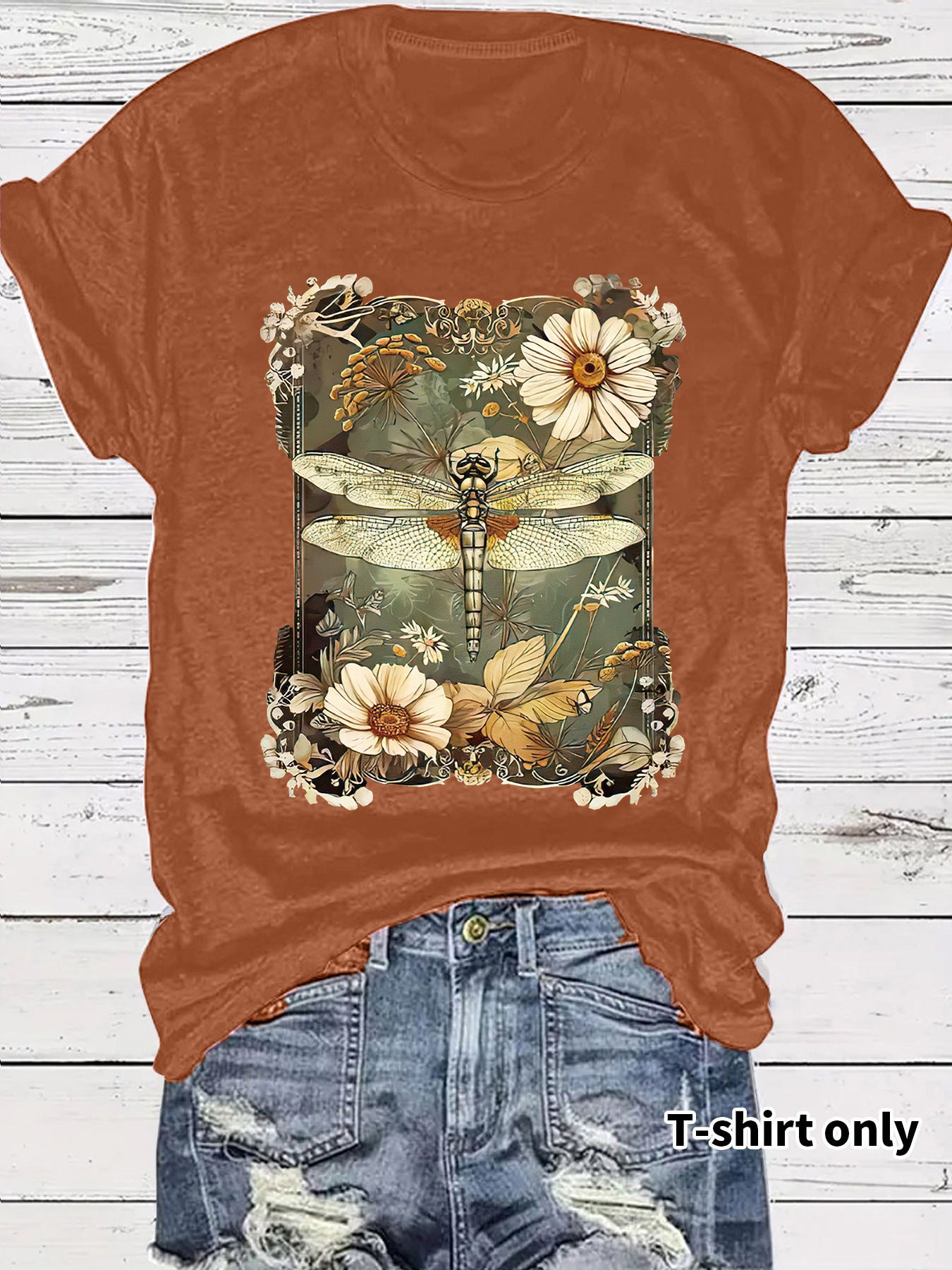 Lifestyle shot of women wearing embroidered red dragonfly printed short sleeve t-shirt unisex fashion TeenStylo