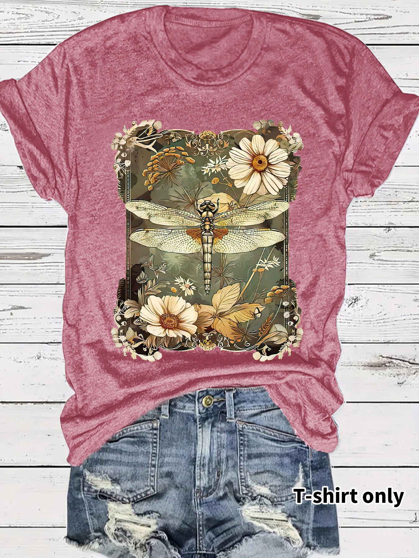 Woman wearing dark red dragonfly print short sleeve t-shirt in urban lifestyle setting | TeenStylo