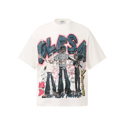 Dark gray unisex retro anime print t-shirt back view, Y2K Harajuku streetwear style | TeenStylo