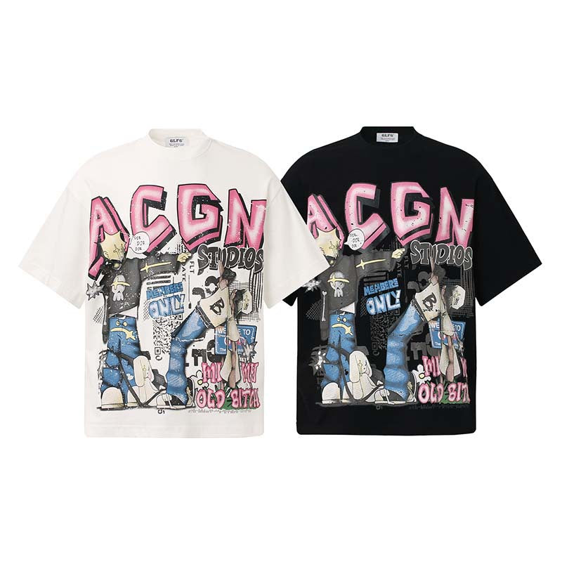 White unisex anime character letter print short sleeve shirt lifestyle shot – Y2K streetwear style at TeenStylo