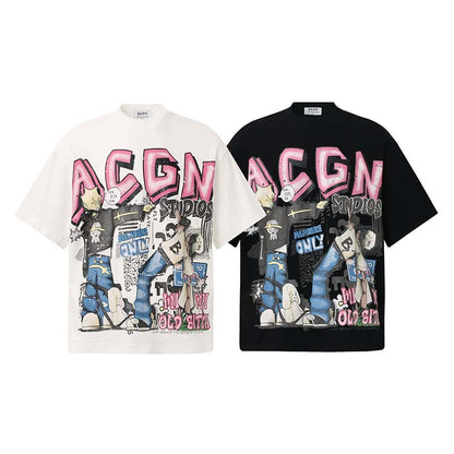 White unisex anime character letter print short sleeve shirt lifestyle shot – Y2K streetwear style at TeenStylo