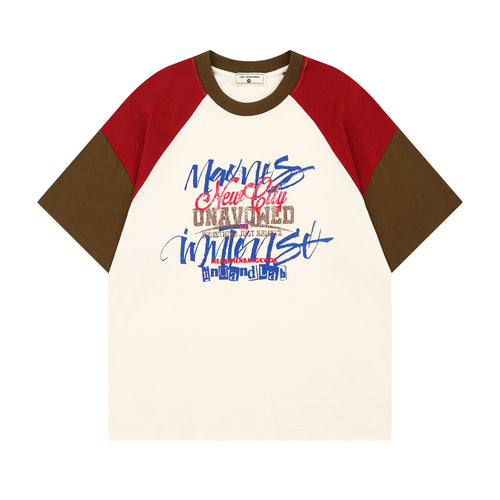 Apricot retro colorblock raglan sleeve sweatshirt with hand-painted letters, unisex front view - TeenStylo