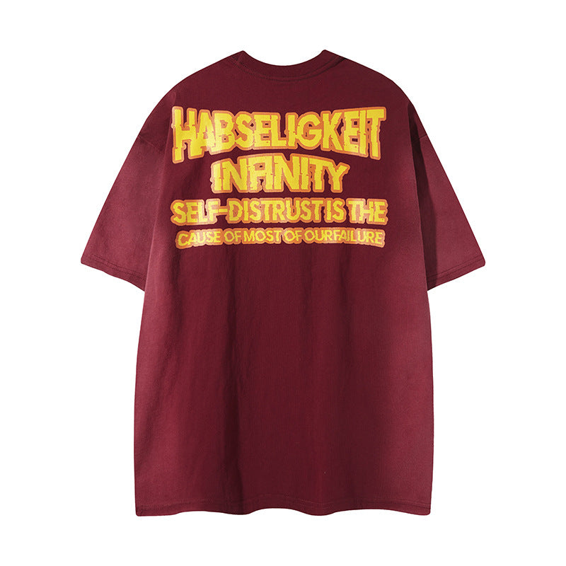 Dark reddish brown graffiti evil graphic detail on unisex hip hop streetwear short sleeve tee TeenStylo