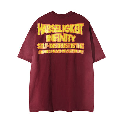 Dark reddish brown graffiti evil graphic detail on unisex hip hop streetwear short sleeve tee TeenStylo