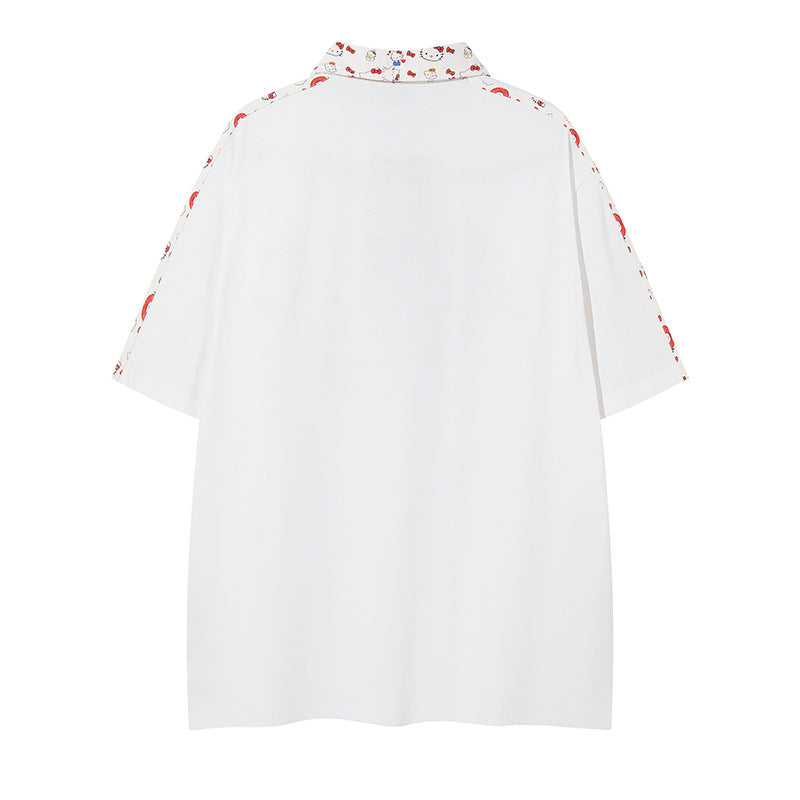 White pure cotton short collar cartoon embroidery close-up detail view | TeenStylo
