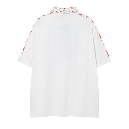 White pure cotton short collar cartoon embroidery close-up detail view | TeenStylo