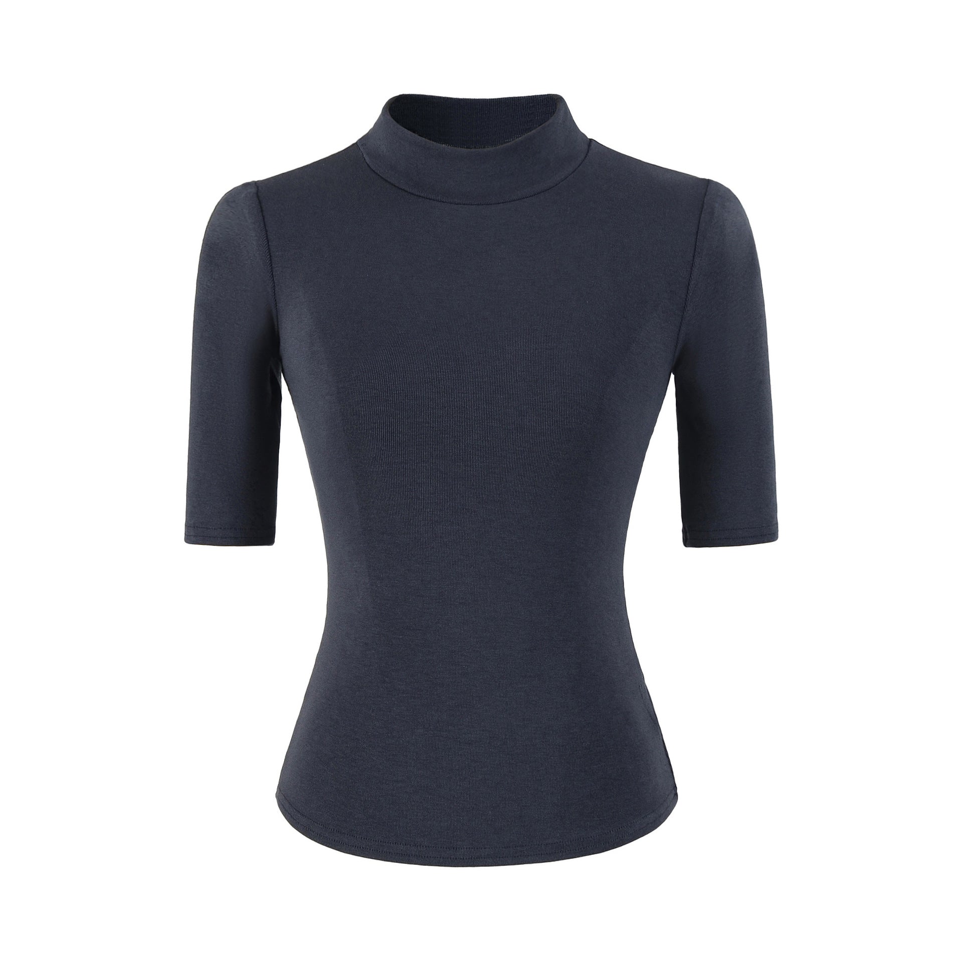 Navy blue high neck slim fit T-shirt for women, sleek streetwear style lifestyle look | TeenStylo
