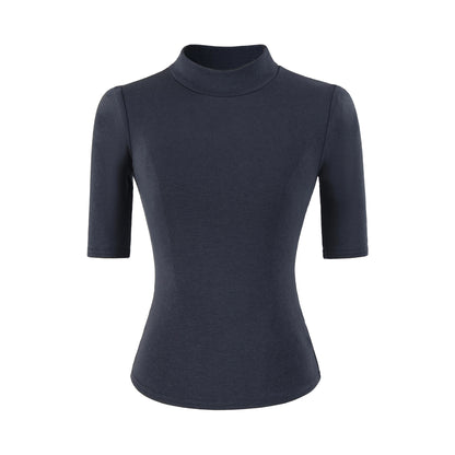Navy blue high neck slim fit T-shirt for women, sleek streetwear style lifestyle look | TeenStylo