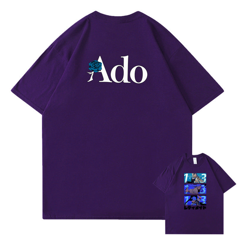 Purple black unisex Ado fans cute funny graphic cotton t-shirt with characters streetwear style TeenStylo