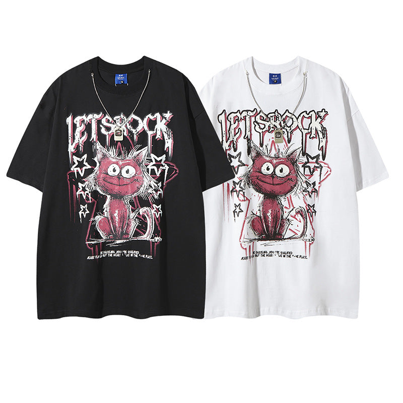 White streetwear cartoon cat graffiti letter t-shirt lifestyle look for men at TeenStylo