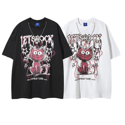 White streetwear cartoon cat graffiti letter t-shirt lifestyle look for men at TeenStylo