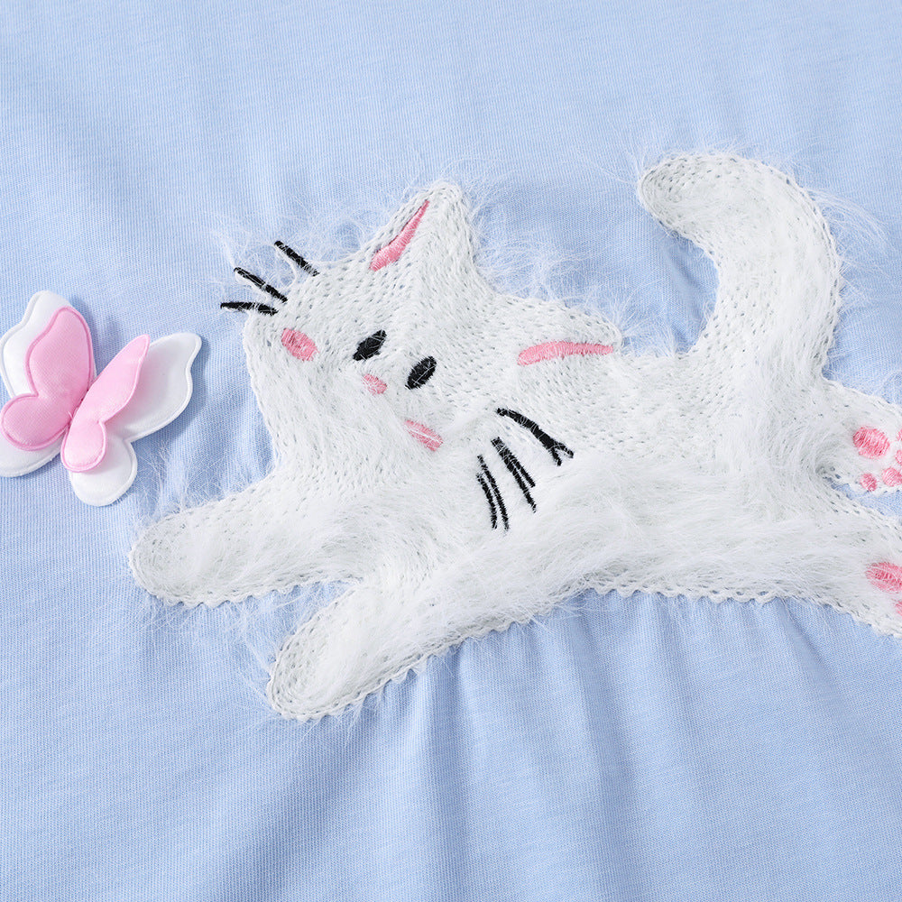 Dark blue fuzzy 3D cat detail close-up on men's short sleeve streetwear T-shirt, Harajuku style at TeenStylo