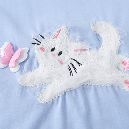 Dark blue fuzzy 3D cat detail close-up on men's short sleeve streetwear T-shirt, Harajuku style at TeenStylo