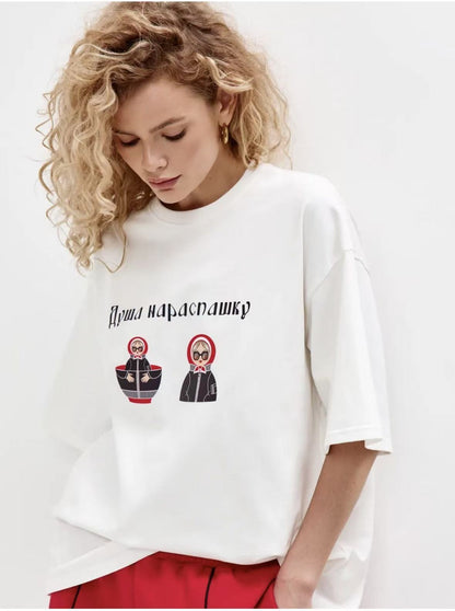 White unisex anime printed loose T-shirt top streetwear style lifestyle shot - TeenStylo
