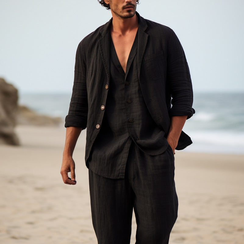 Black casual men's loose shirt two-piece set back view streetwear long pants outfit TeenStylo