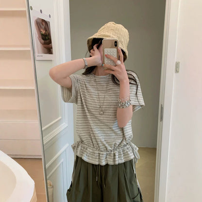 Beige striped ruffled short sleeve women's t-shirt back view - Y2K streetwear style at TeenStylo