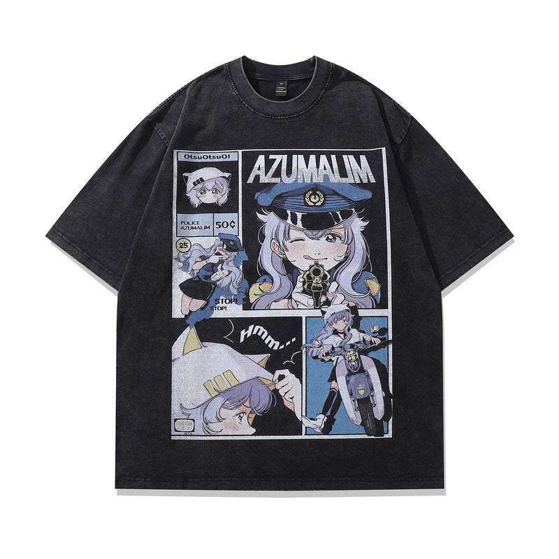 Man wearing washed vintage Japanese Y2K anime graphic tee streetwear style lifestyle look in colour 650 at TeenStylo