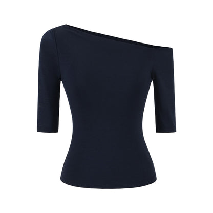 Navy blue slant neck slim fit T-shirt unisex streetwear lifestyle style at TeenStylo