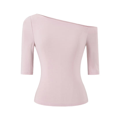 Light gray slant neck slim fit T-shirt for women front view - Y2K streetwear style at TeenStylo