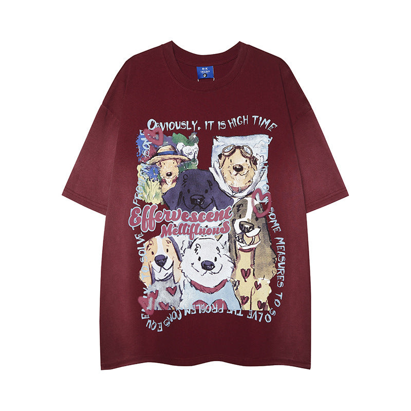 Dark reddish brown dog print graphic washed t-shirt lifestyle shot unisex streetwear style TeenStylo